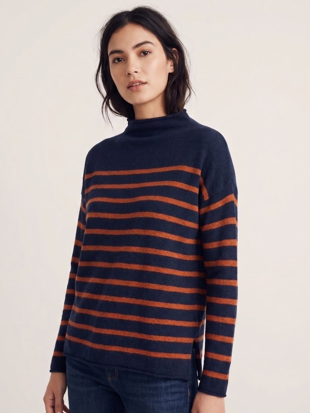 Madewell smock neck blue and red stripe fuzzy sweater